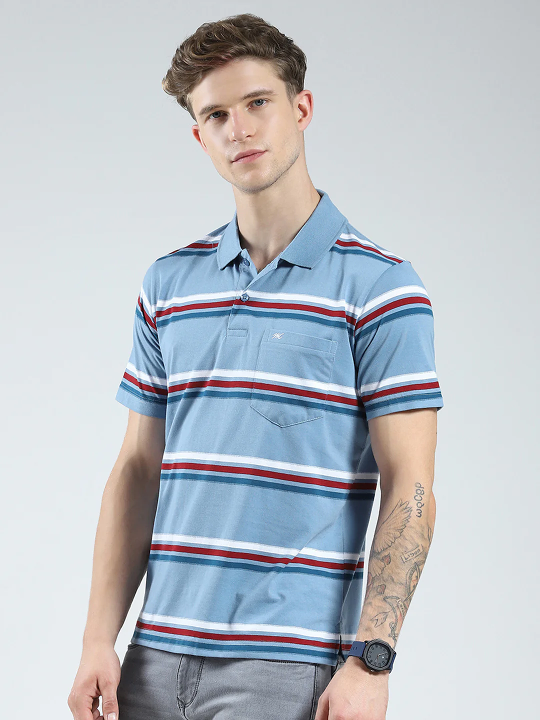 Men Blue Stripe Collar Half Sleeve T-Shirt - Image 3