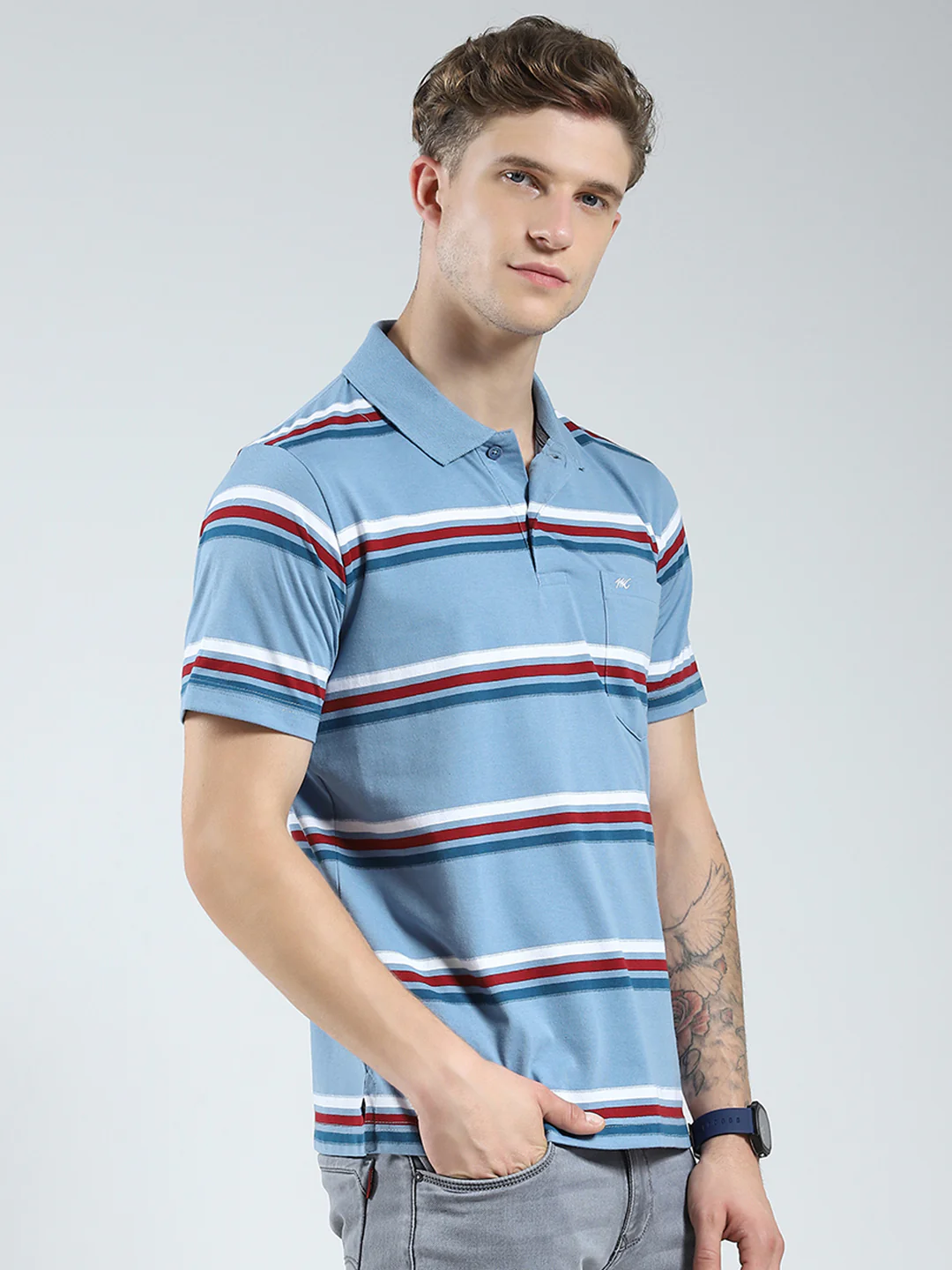 Men Blue Stripe Collar Half Sleeve T-Shirt - Image 4