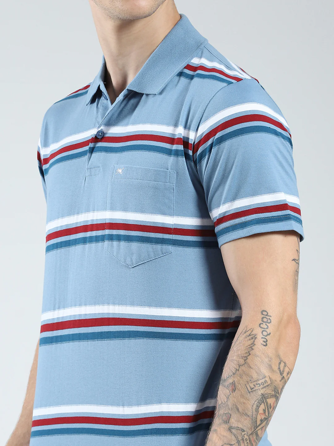 Men Blue Stripe Collar Half Sleeve T-Shirt - Image 7