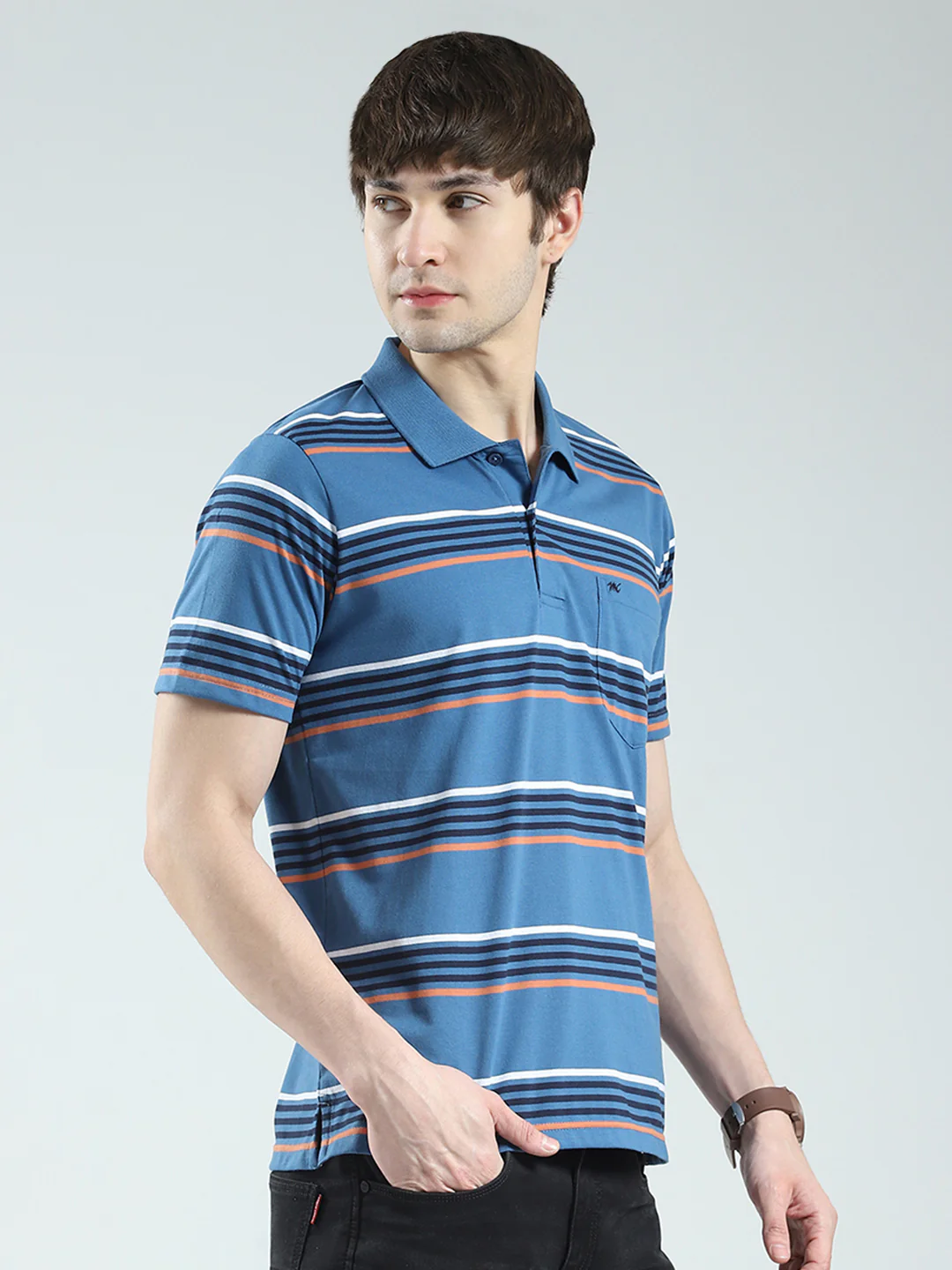 Men Blue Stripe Collar Half Sleeve T-Shirt - Image 4