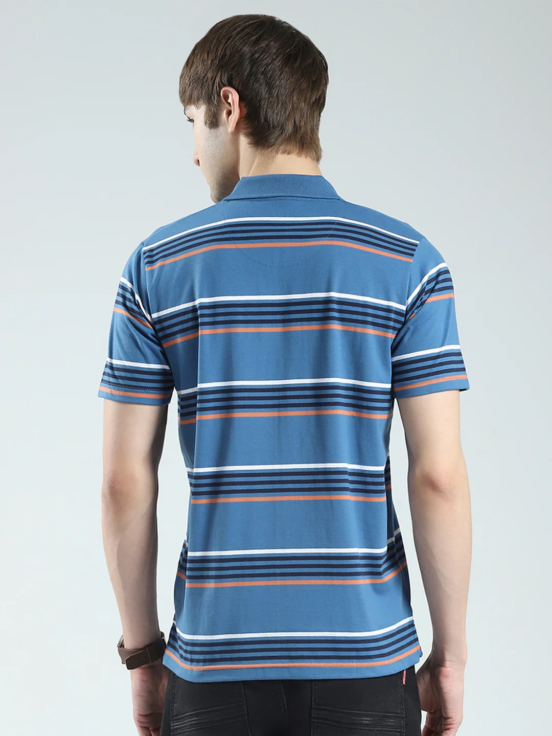 Men Blue Stripe Collar Half Sleeve T-Shirt - Image 5