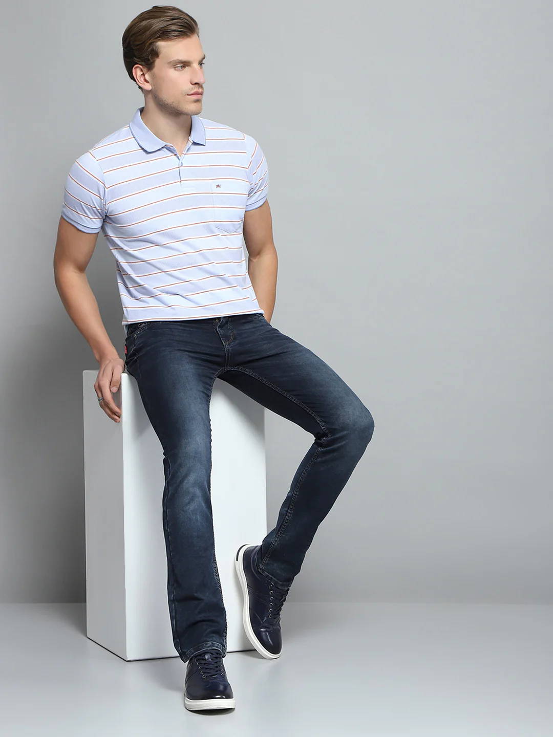 Men Blue Stripe Collar Half Sleeve T-Shirt - Image 2