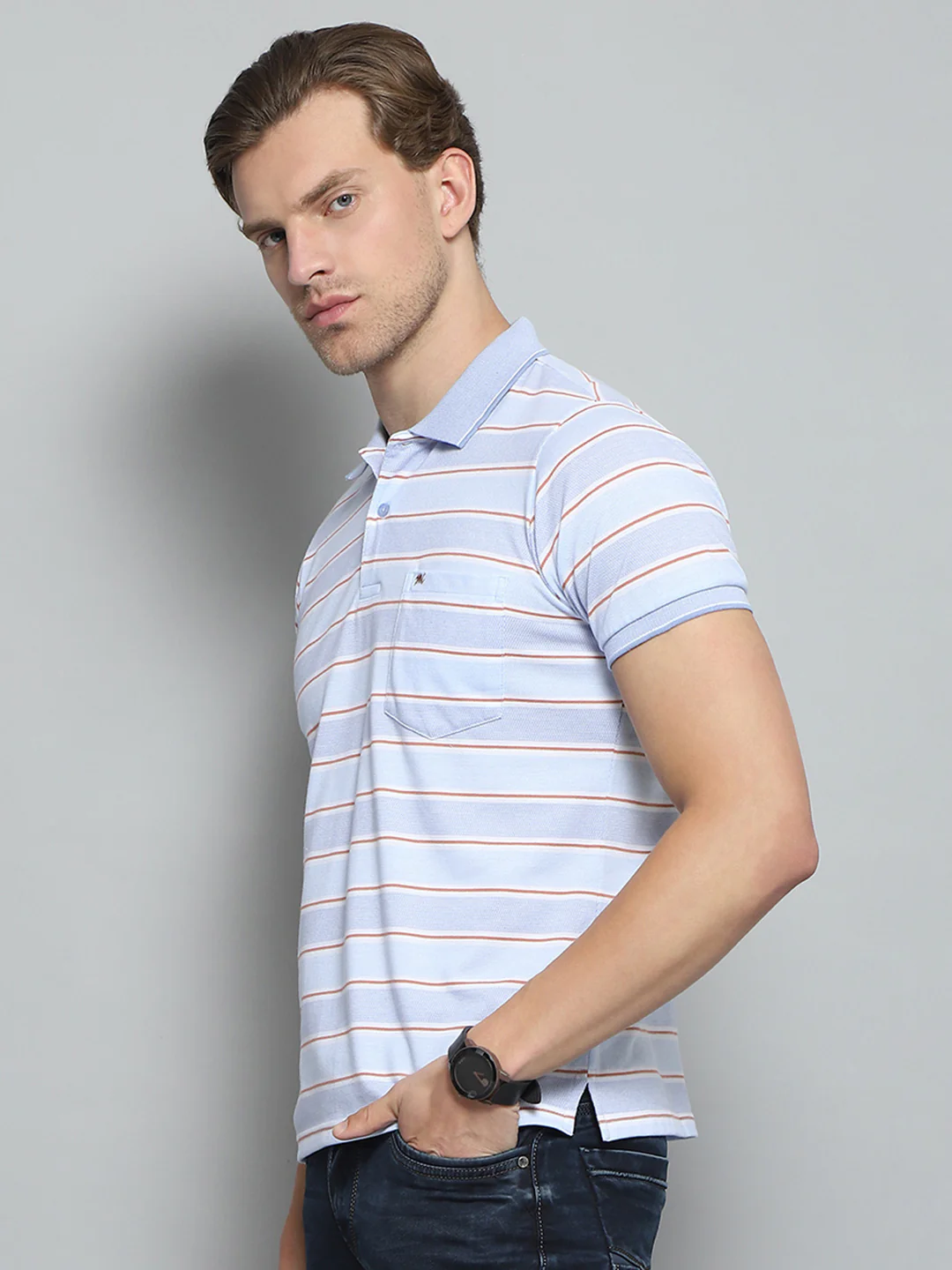 Men Blue Stripe Collar Half Sleeve T-Shirt - Image 3