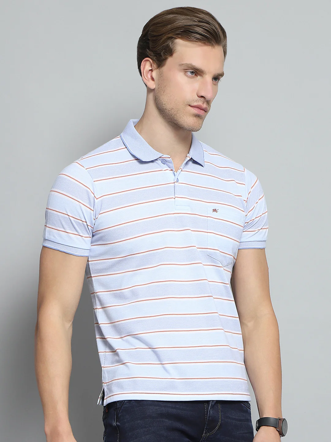 Men Blue Stripe Collar Half Sleeve T-Shirt - Image 4