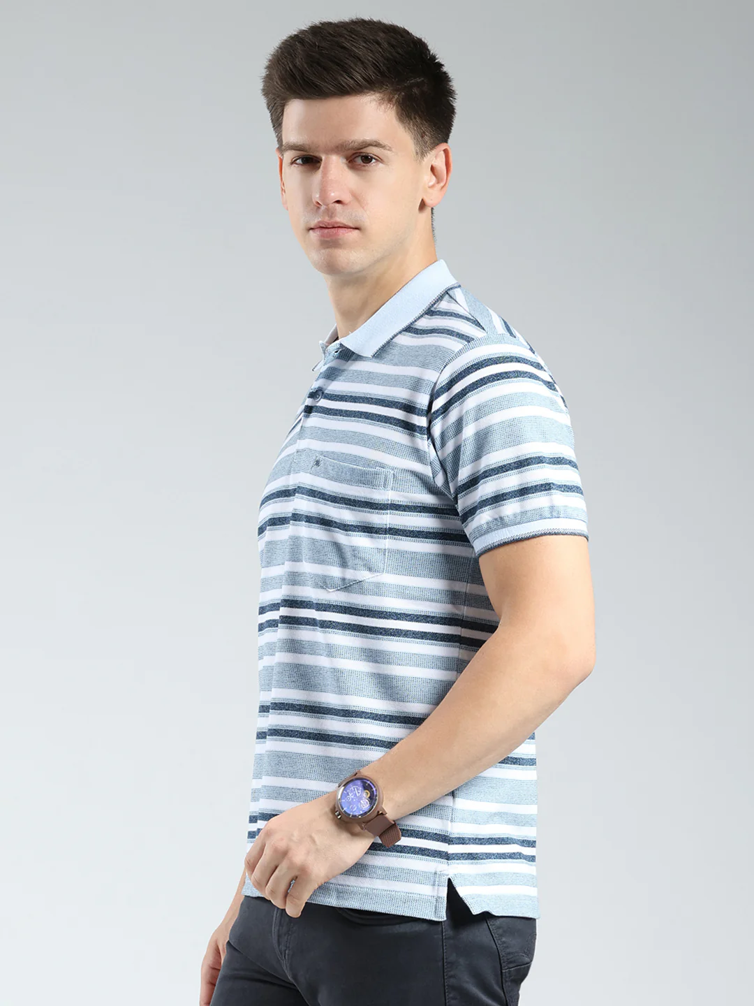 Men Blue Stripe Collar Half Sleeve T-Shirt - Image 3