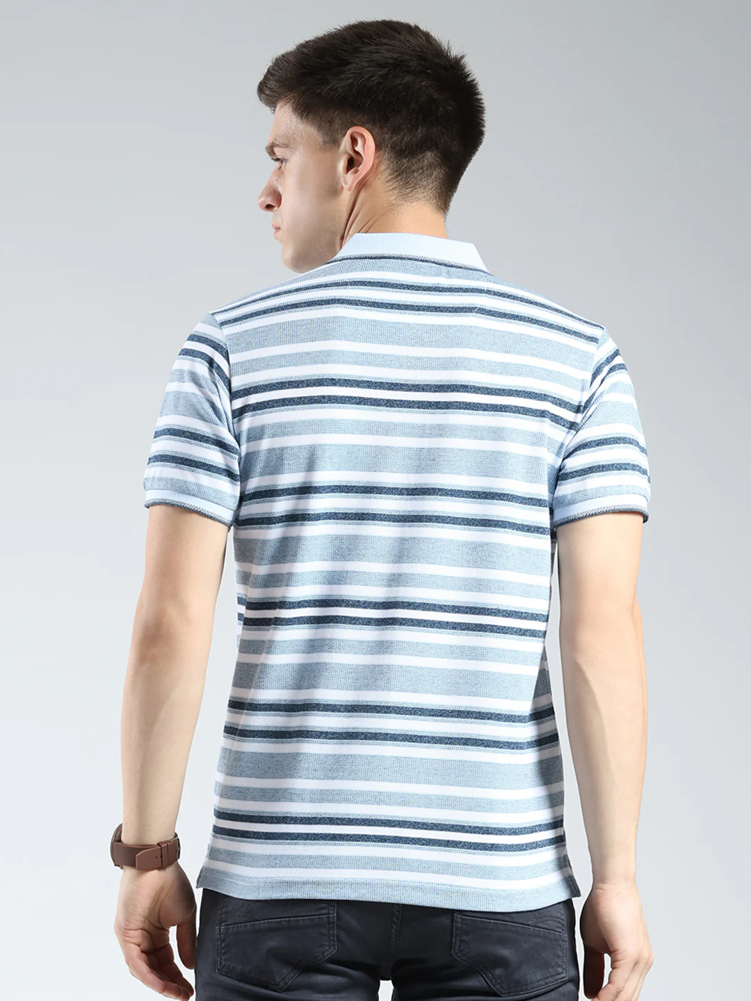 Men Blue Stripe Collar Half Sleeve T-Shirt - Image 5