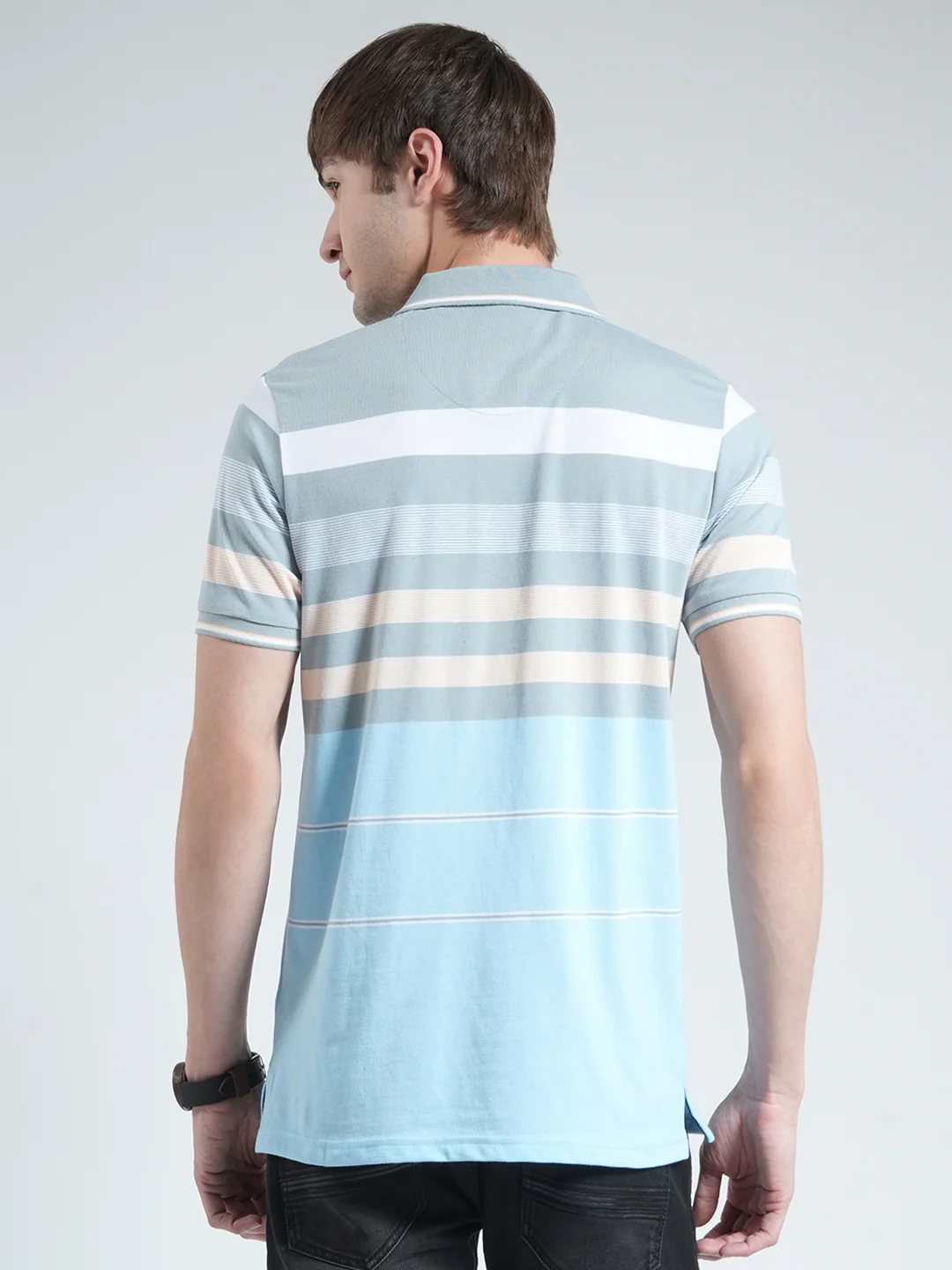 Men Blue Stripe Collar Half Sleeve T-Shirt - Image 5