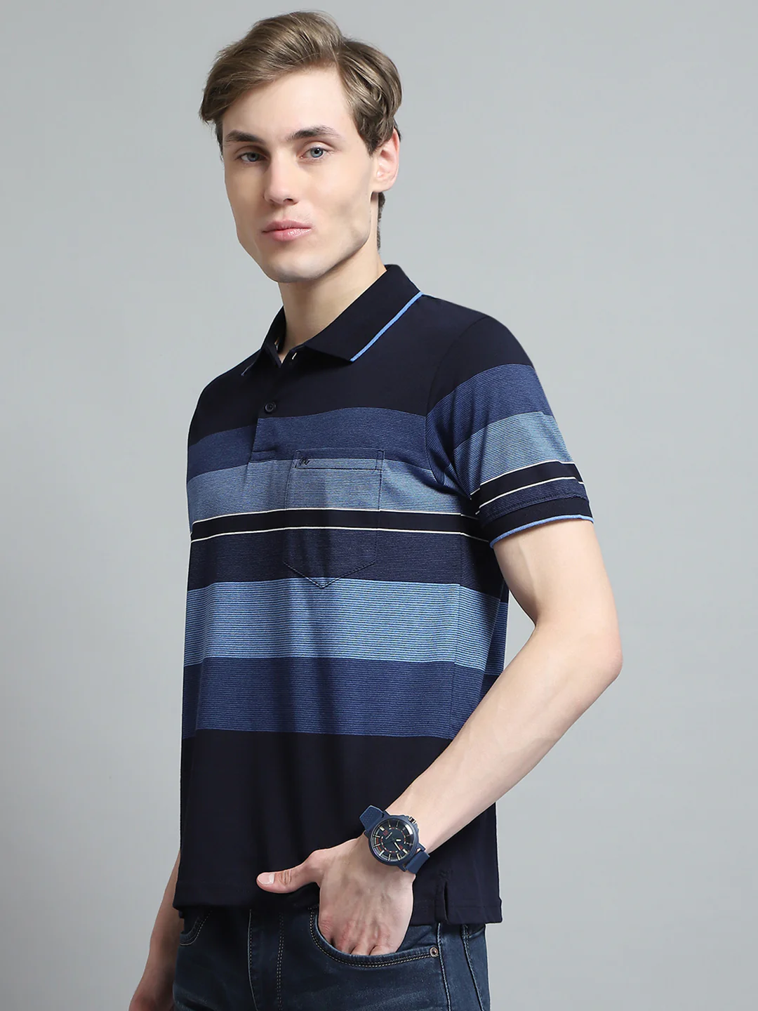 Men Blue Stripe Collar Half Sleeve T-Shirt - Image 3