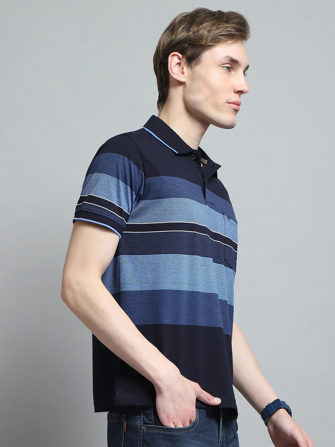 Men Blue Stripe Collar Half Sleeve T-Shirt - Image 4