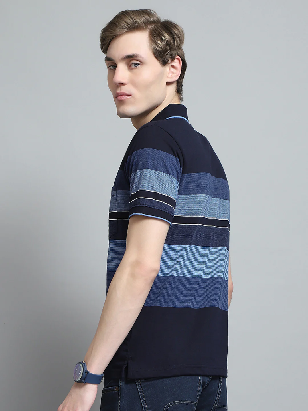 Men Blue Stripe Collar Half Sleeve T-Shirt - Image 5
