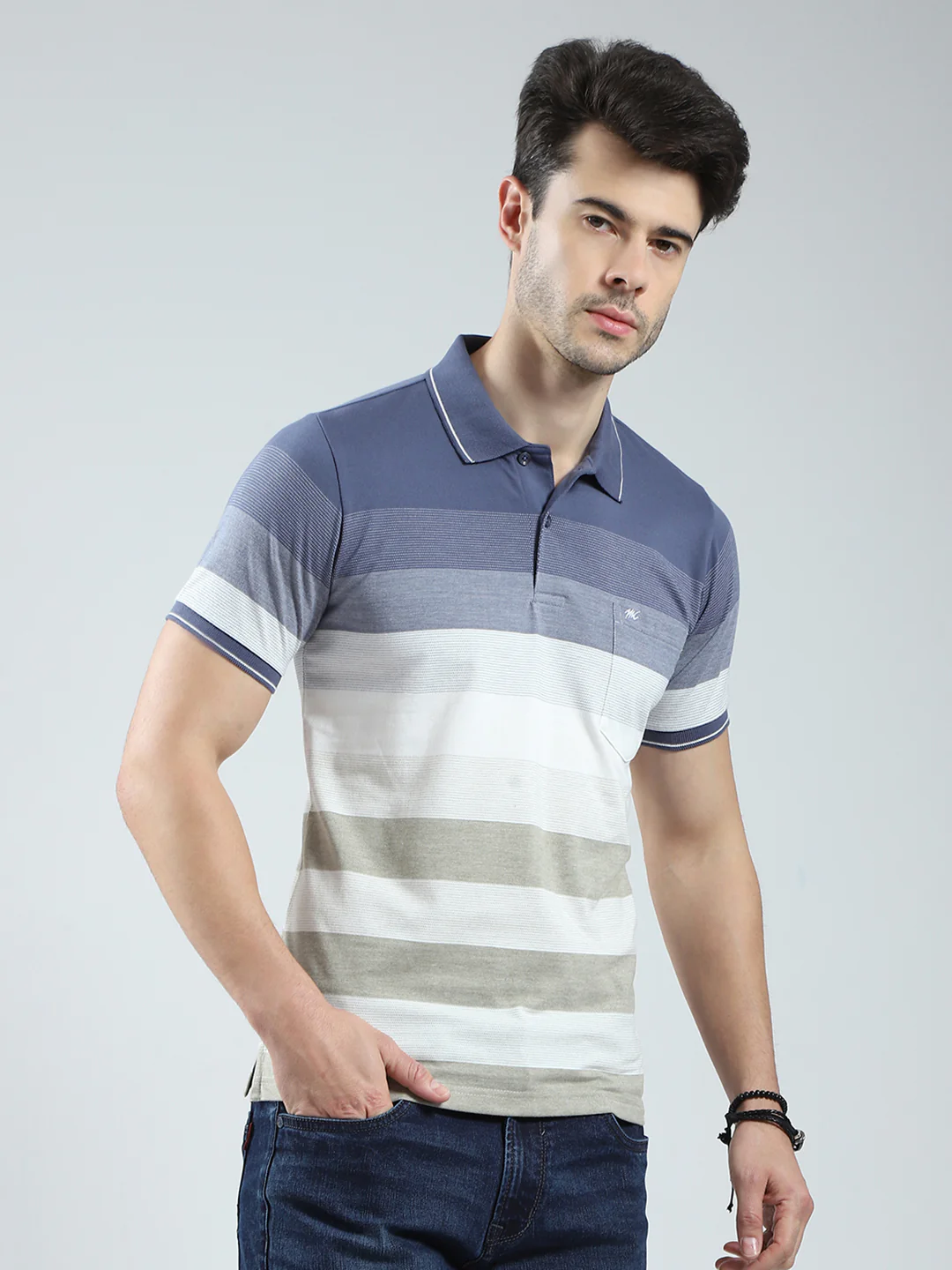 Men Blue Stripe Collar Half Sleeve T-Shirt - Image 4