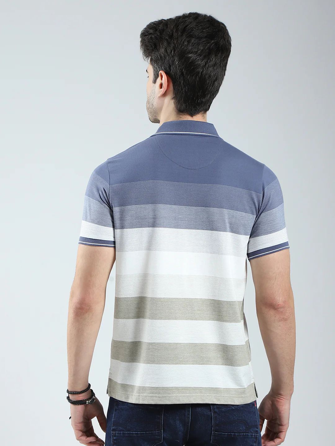 Men Blue Stripe Collar Half Sleeve T-Shirt - Image 5