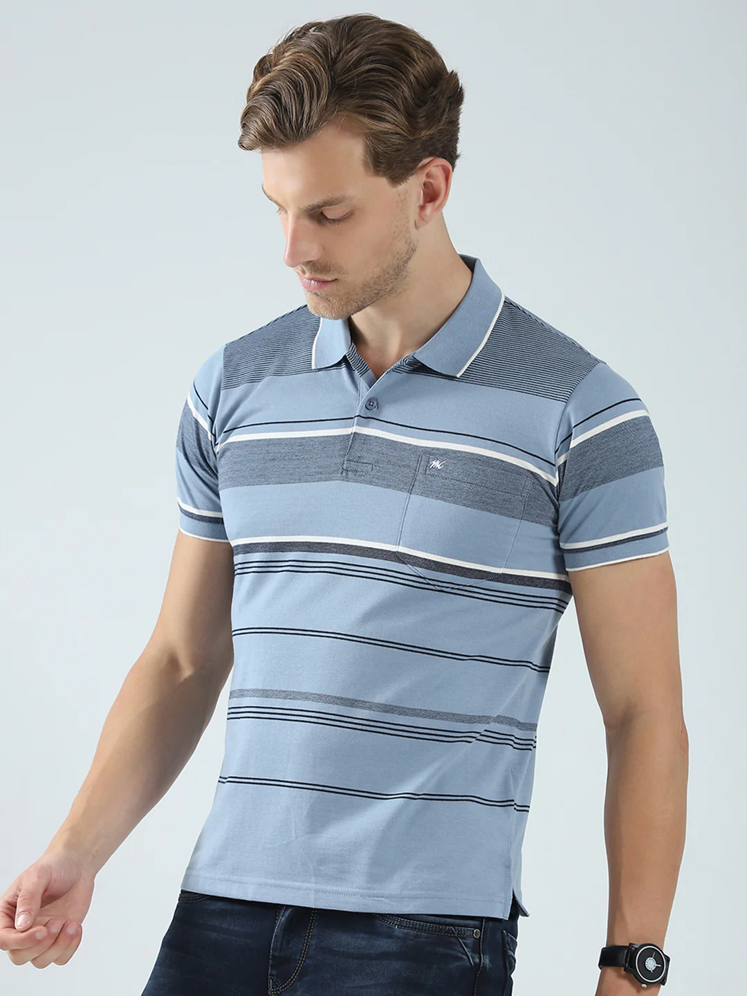 Men Blue Stripe Collar Half Sleeve T-Shirt - Image 3