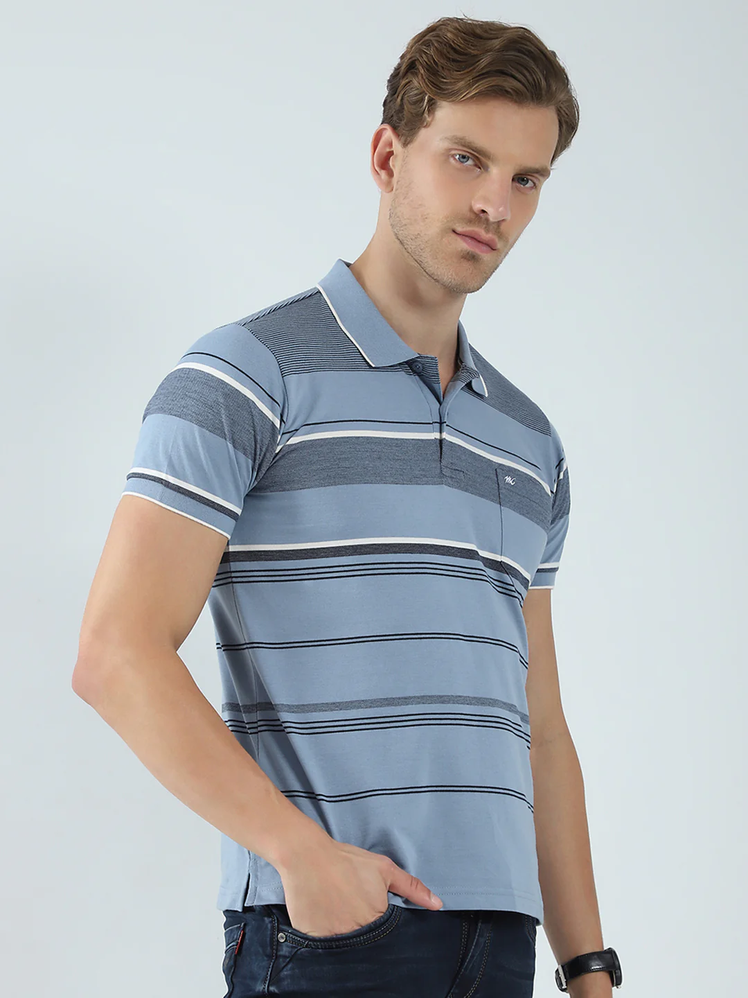 Men Blue Stripe Collar Half Sleeve T-Shirt - Image 4
