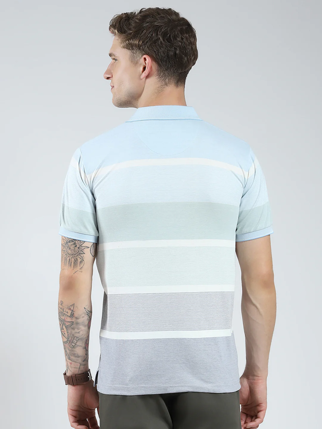 Men Blue Stripe Collar Half Sleeve T-Shirt - Image 5