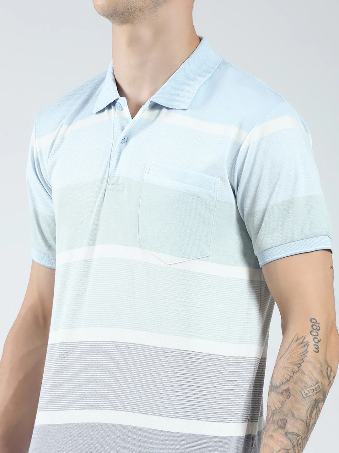 Men Blue Stripe Collar Half Sleeve T-Shirt - Image 6