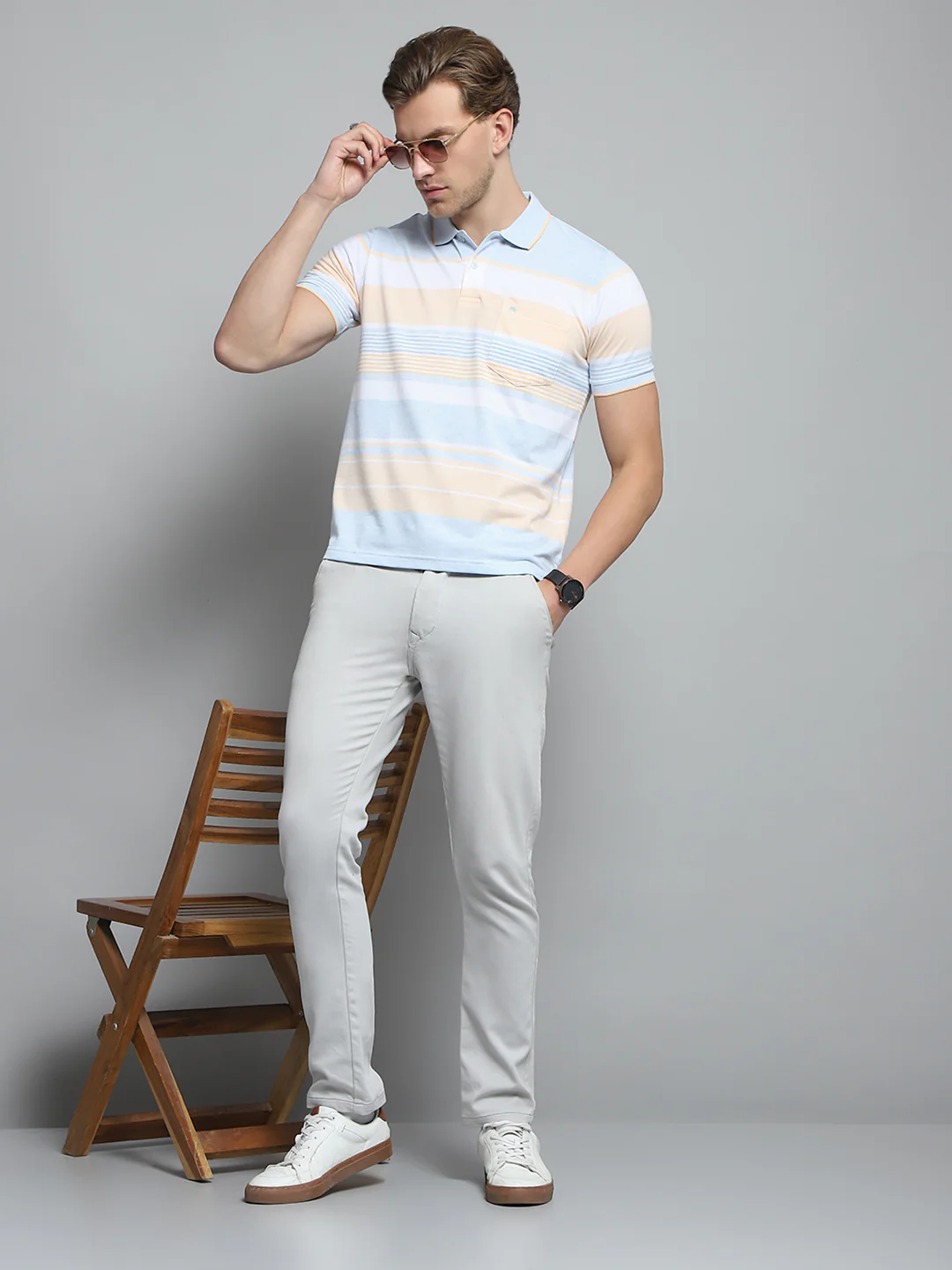 Men Blue Stripe Collar Half Sleeve T-Shirt - Image 2