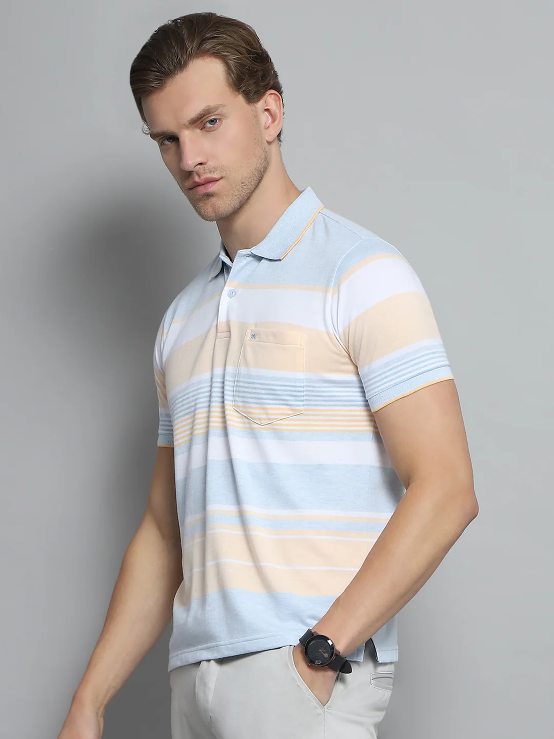 Men Blue Stripe Collar Half Sleeve T-Shirt - Image 3