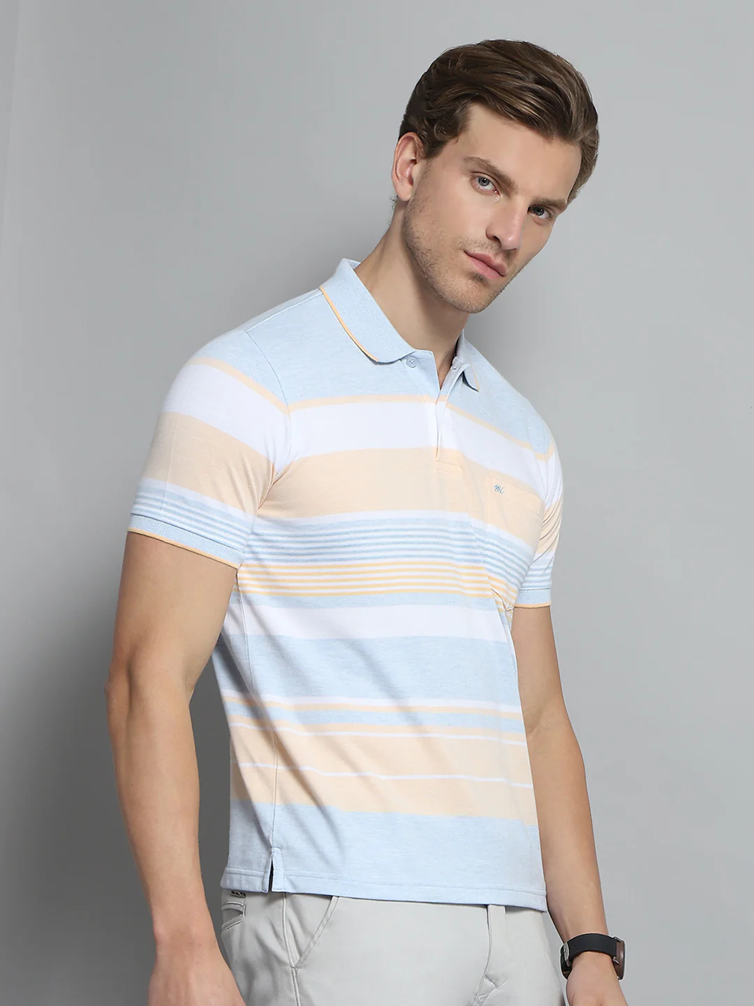 Men Blue Stripe Collar Half Sleeve T-Shirt - Image 4