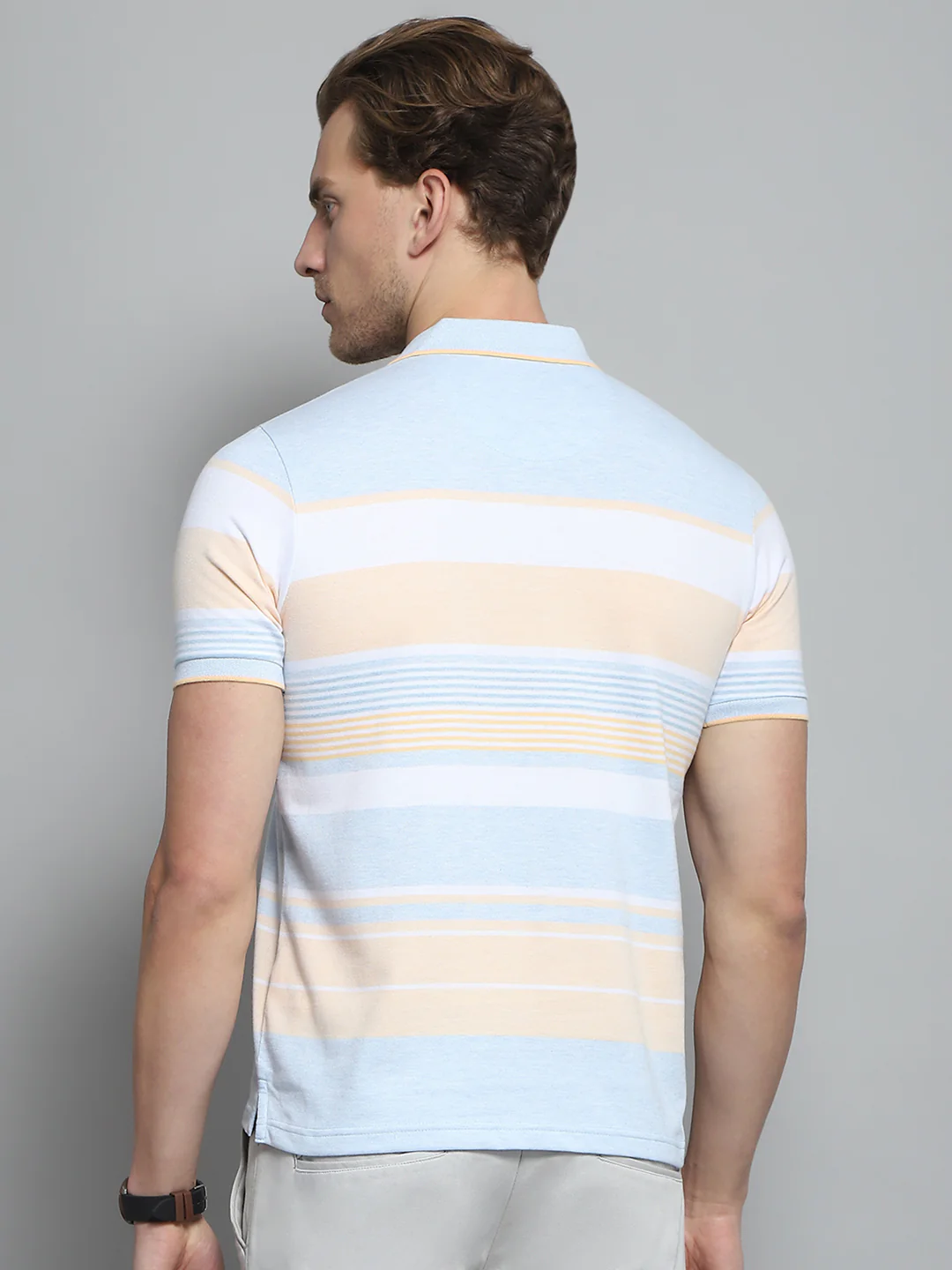Men Blue Stripe Collar Half Sleeve T-Shirt - Image 5