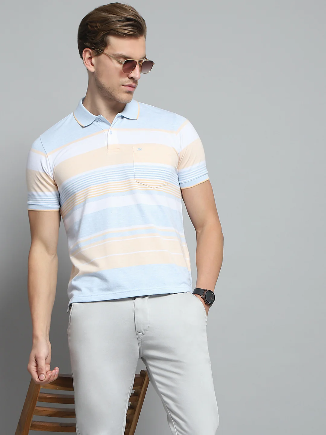 Men Blue Stripe Collar Half Sleeve T-Shirt - Image 6