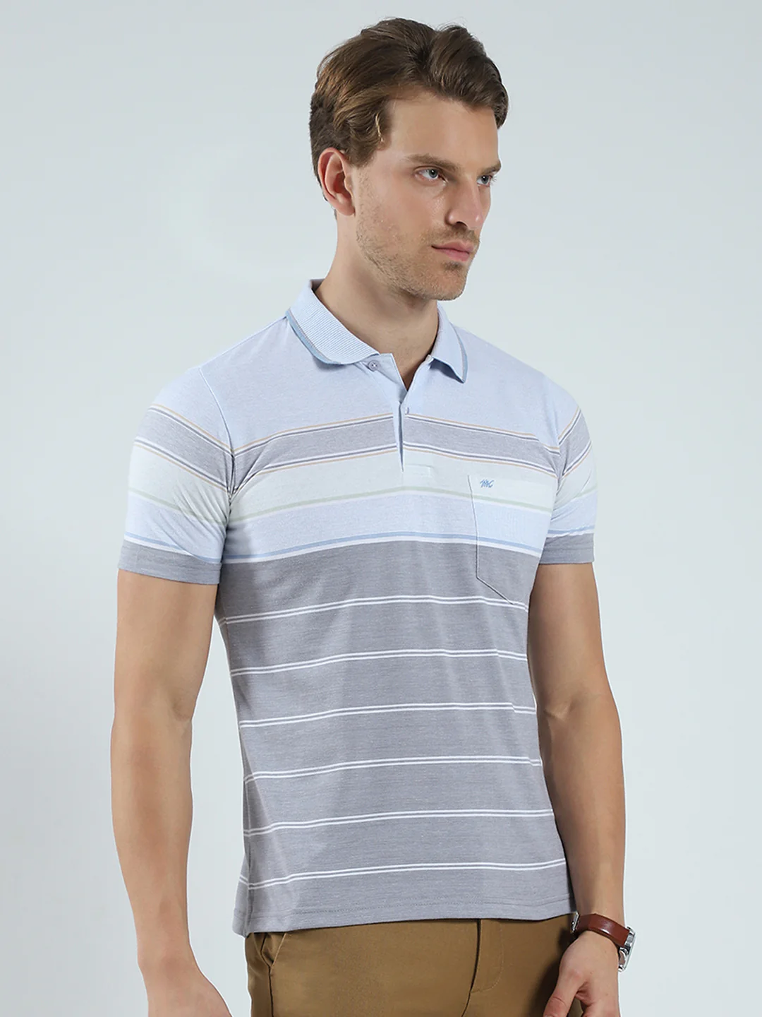 Men Blue Stripe Collar Half Sleeve T-Shirt - Image 4