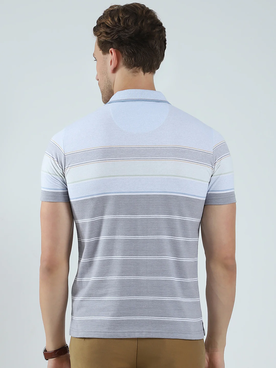 Men Blue Stripe Collar Half Sleeve T-Shirt - Image 5