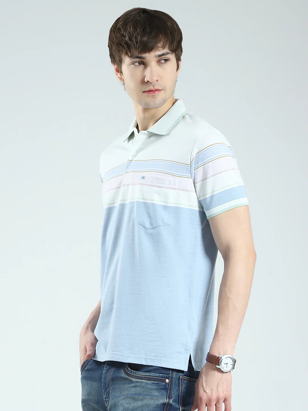 Men Blue Stripe Collar Half Sleeve T-Shirt - Image 3