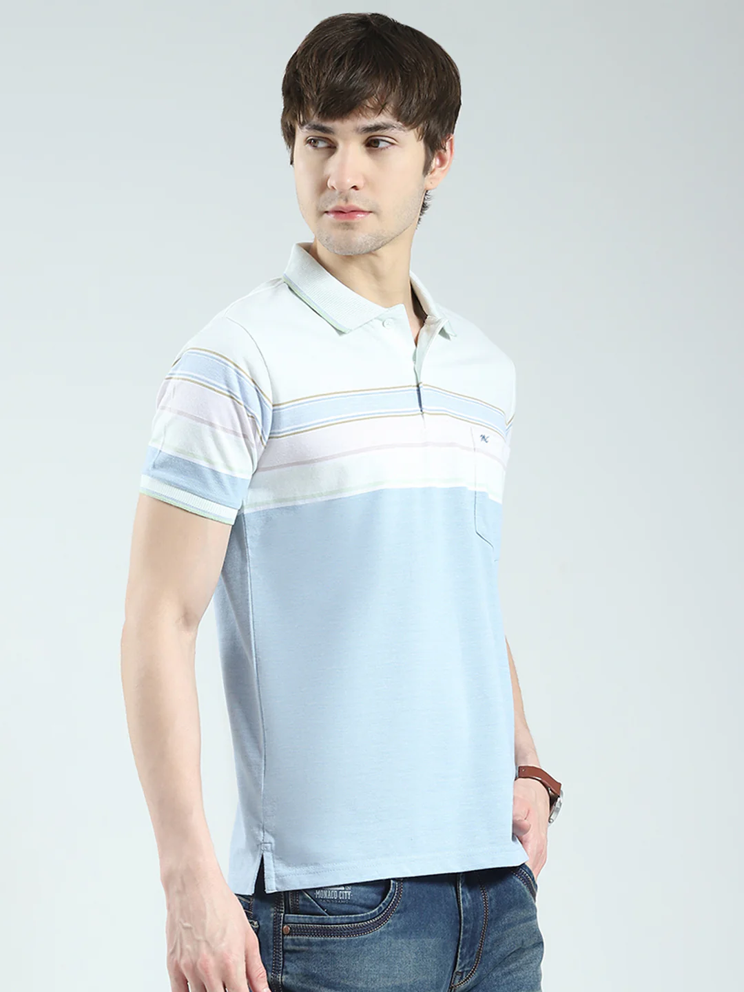 Men Blue Stripe Collar Half Sleeve T-Shirt - Image 4