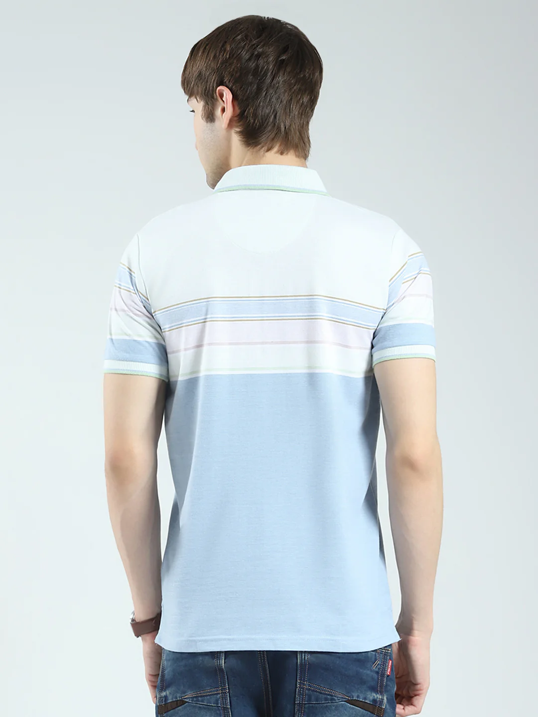Men Blue Stripe Collar Half Sleeve T-Shirt - Image 5