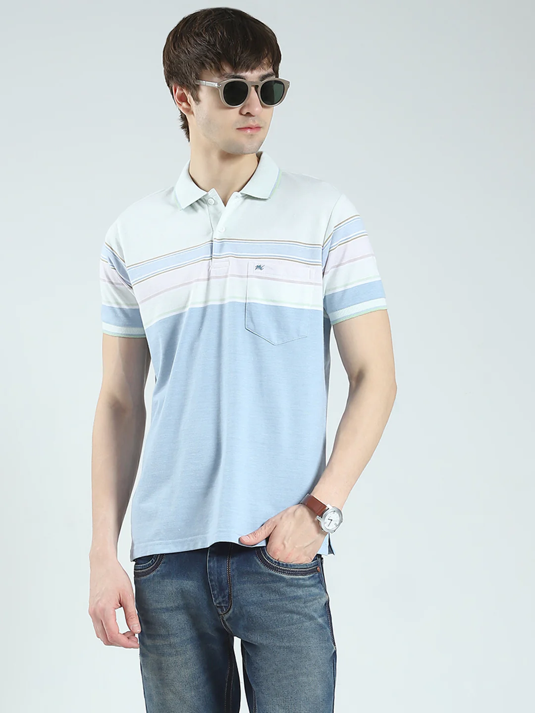 Men Blue Stripe Collar Half Sleeve T-Shirt - Image 6