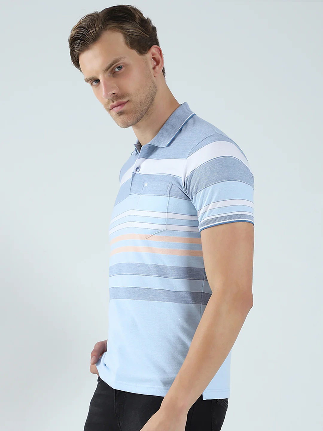 Men Blue Stripe Collar Half Sleeve T-Shirt - Image 3