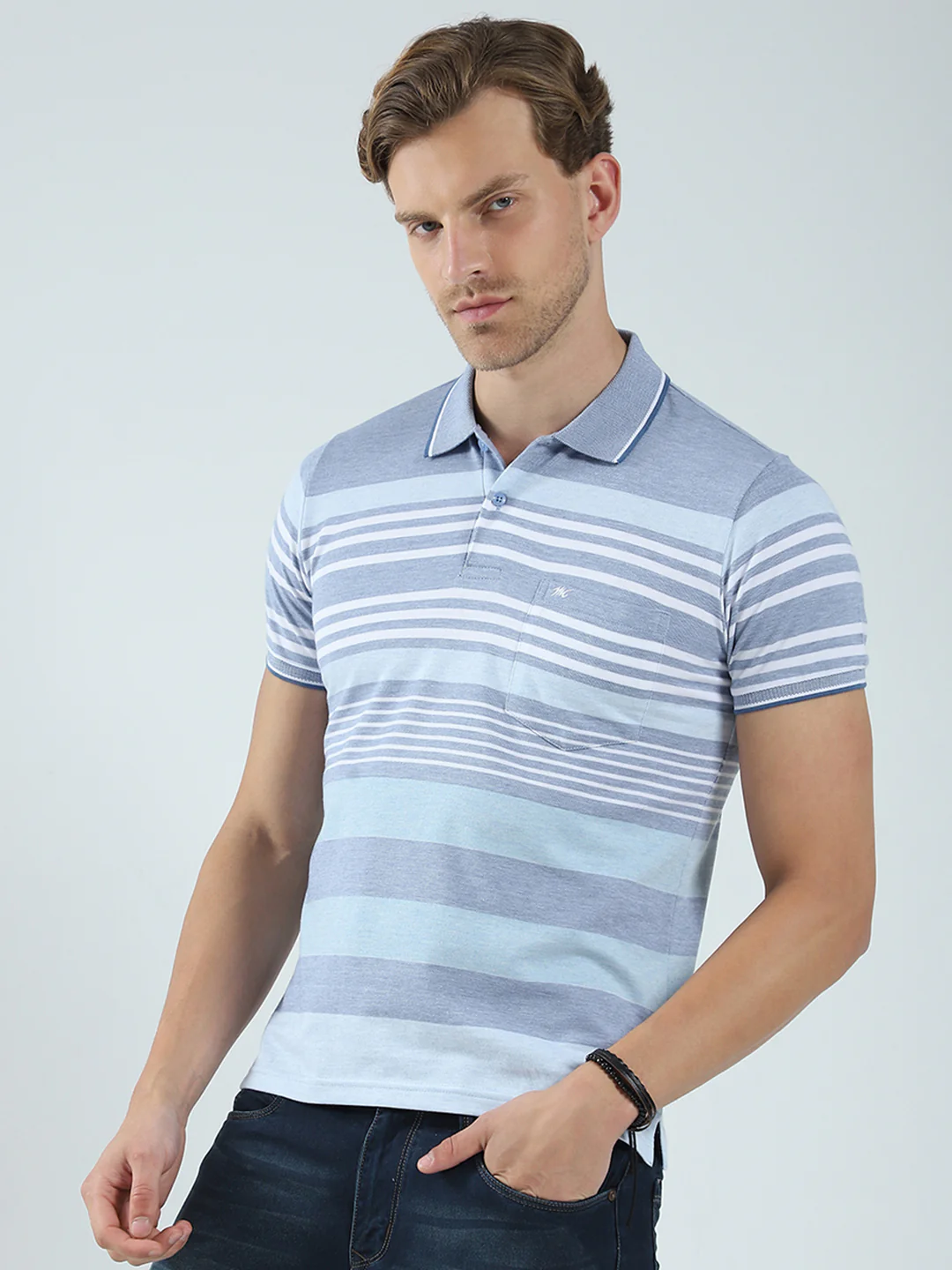 Men Blue Stripe Collar Half Sleeve T-Shirt - Image 3
