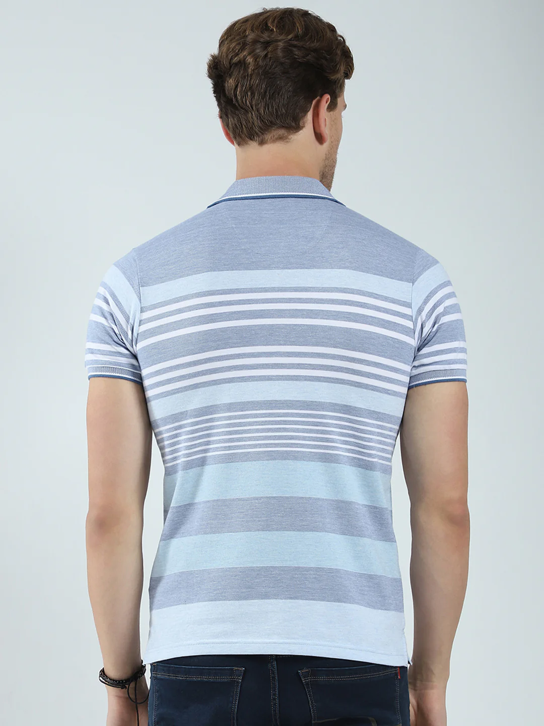 Men Blue Stripe Collar Half Sleeve T-Shirt - Image 5