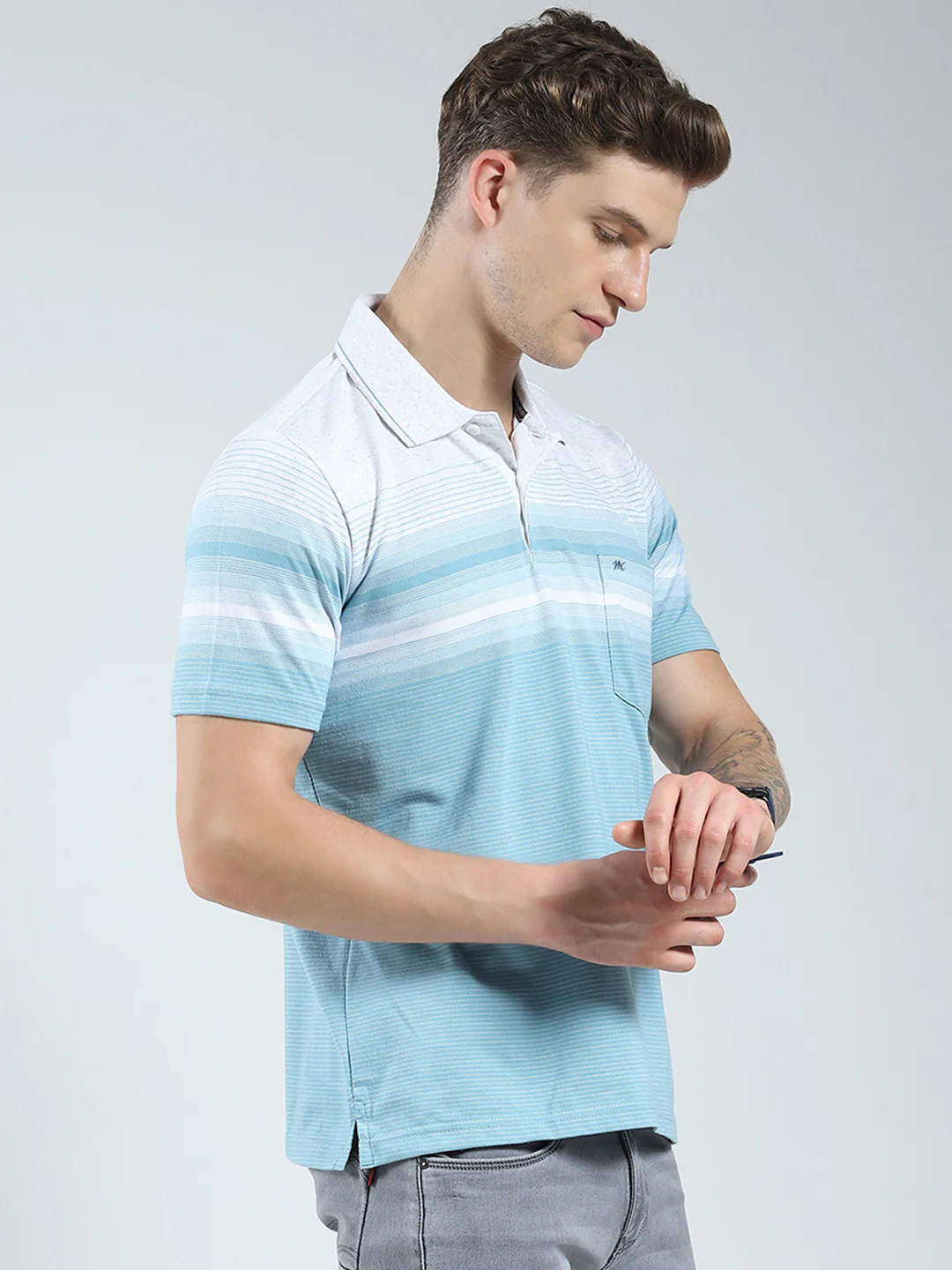 Men Blue Stripe Collar Half Sleeve T-Shirt - Image 4