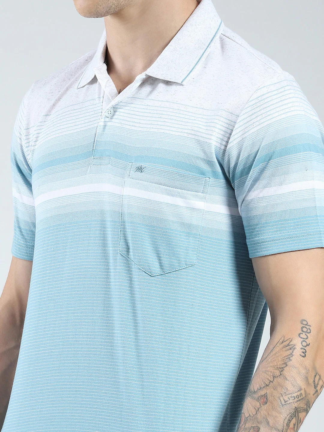 Men Blue Stripe Collar Half Sleeve T-Shirt - Image 6