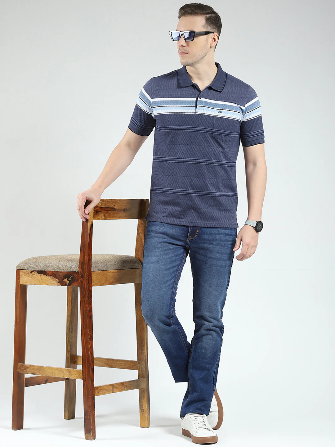 Men Blue Stripe Collar Half Sleeve T-Shirt - Image 2