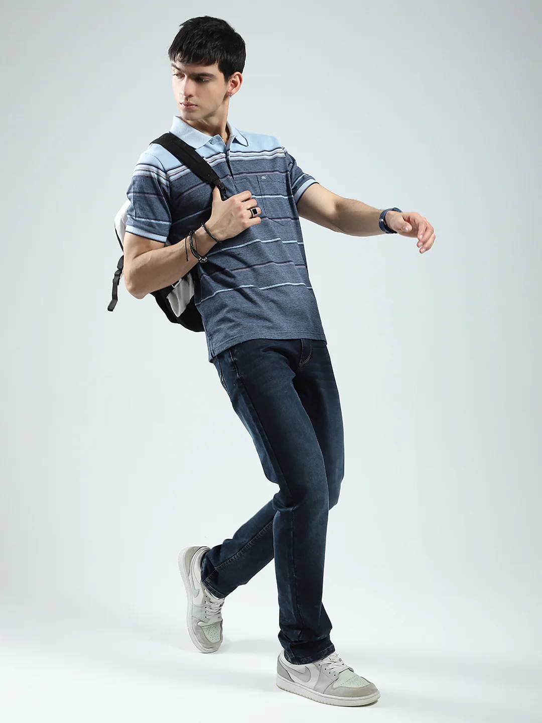 Men Blue Stripe Collar Half Sleeve T-Shirt - Image 2