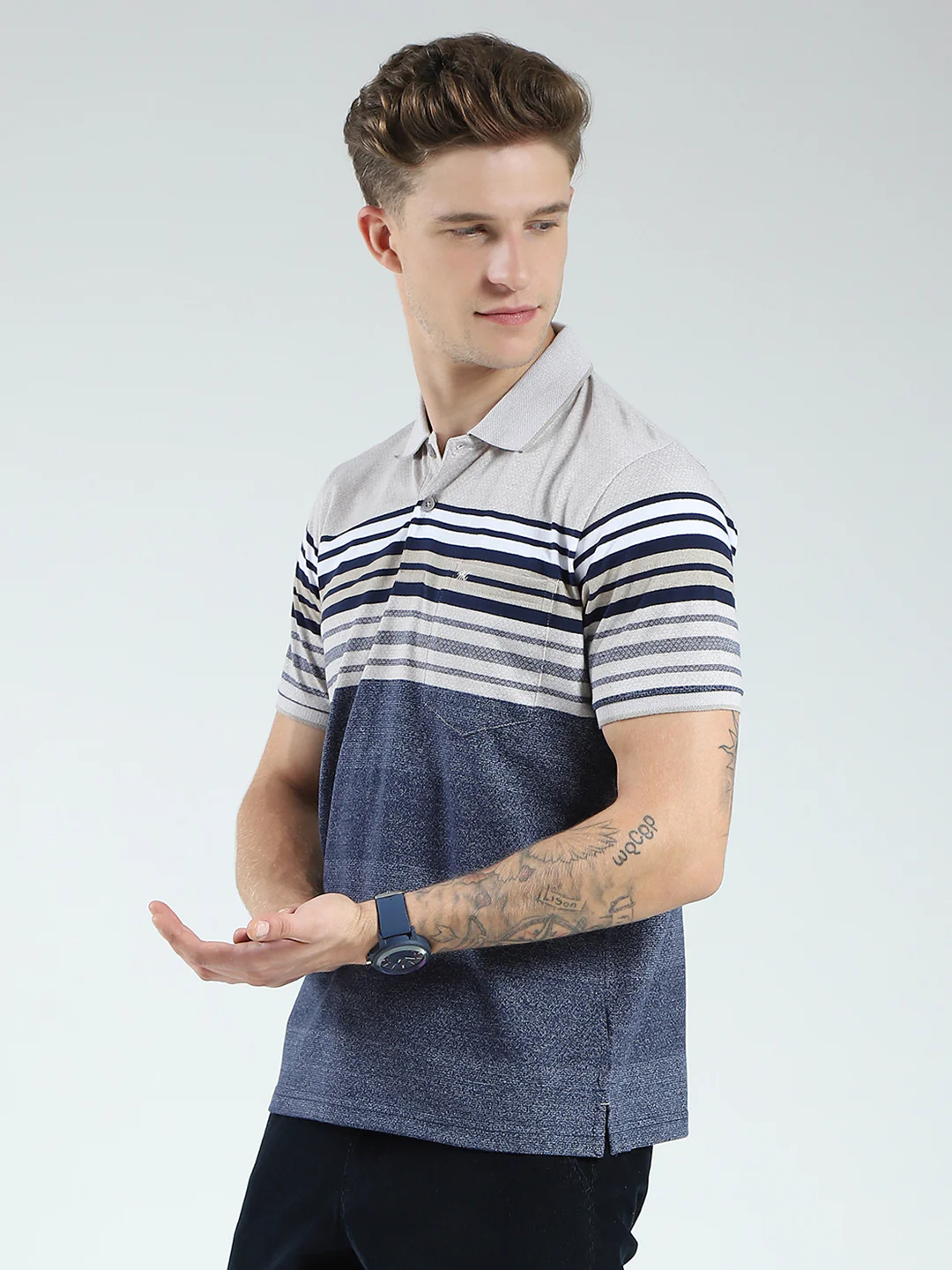Men Blue Stripe Collar Half Sleeve T-Shirt - Image 3