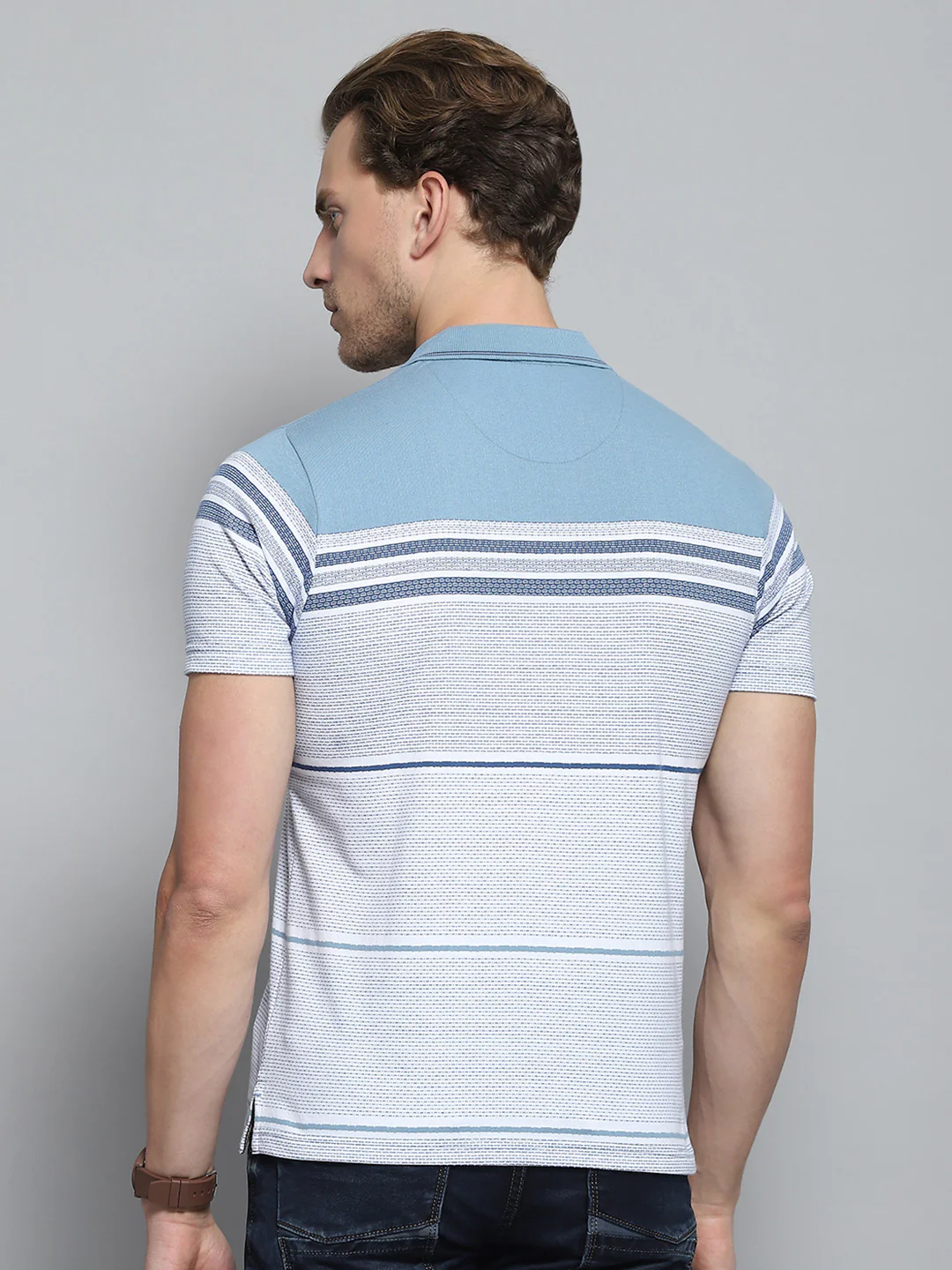Men Blue Stripe Collar Half Sleeve T-Shirt - Image 5