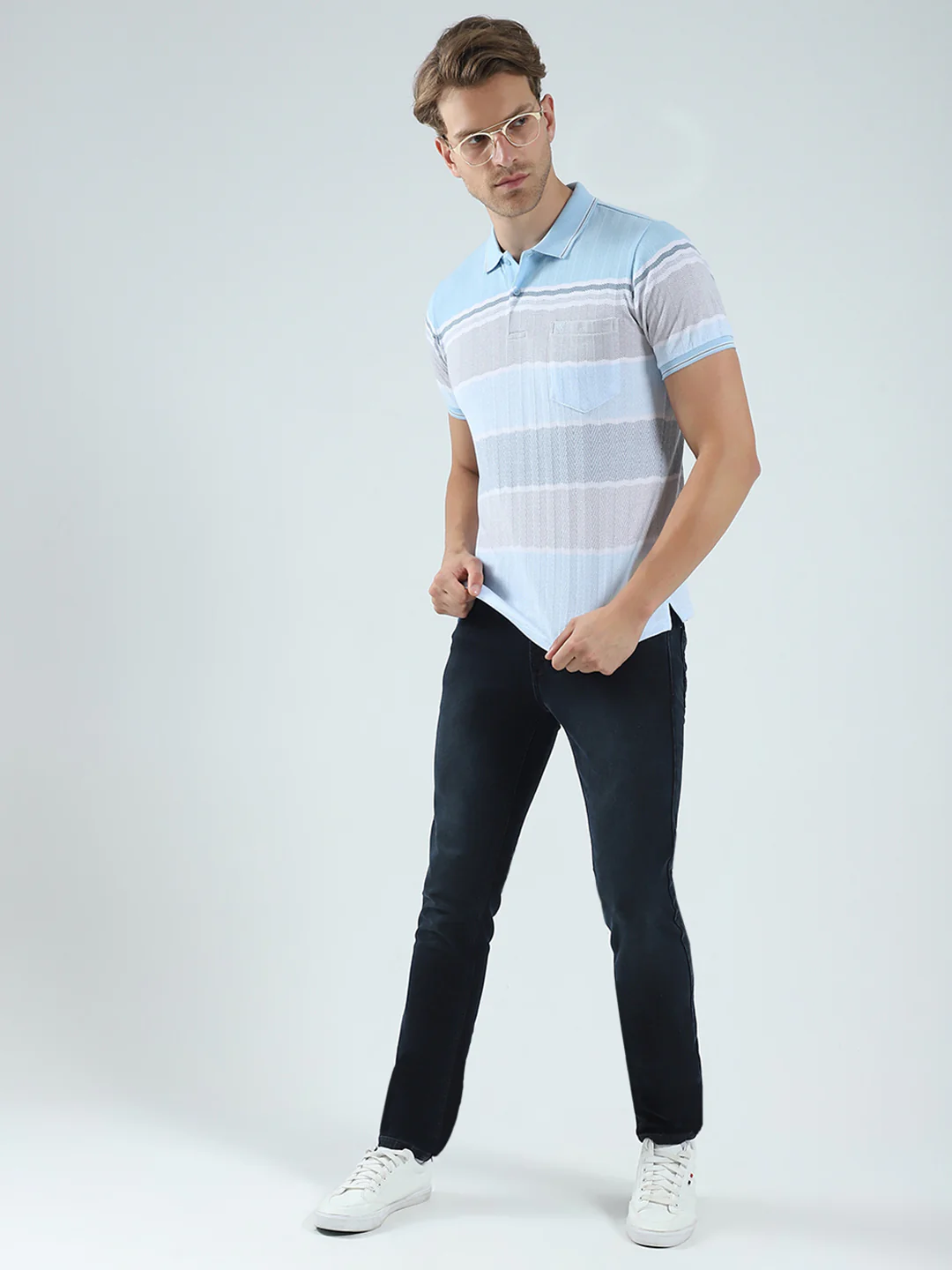 Men Blue Stripe Collar Half Sleeve T-Shirt - Image 2