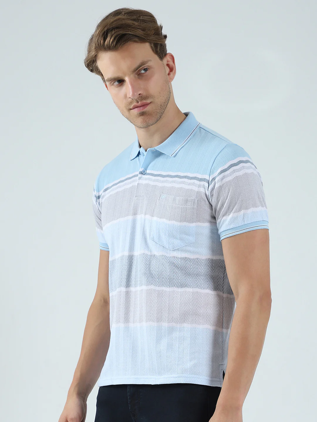Men Blue Stripe Collar Half Sleeve T-Shirt - Image 3
