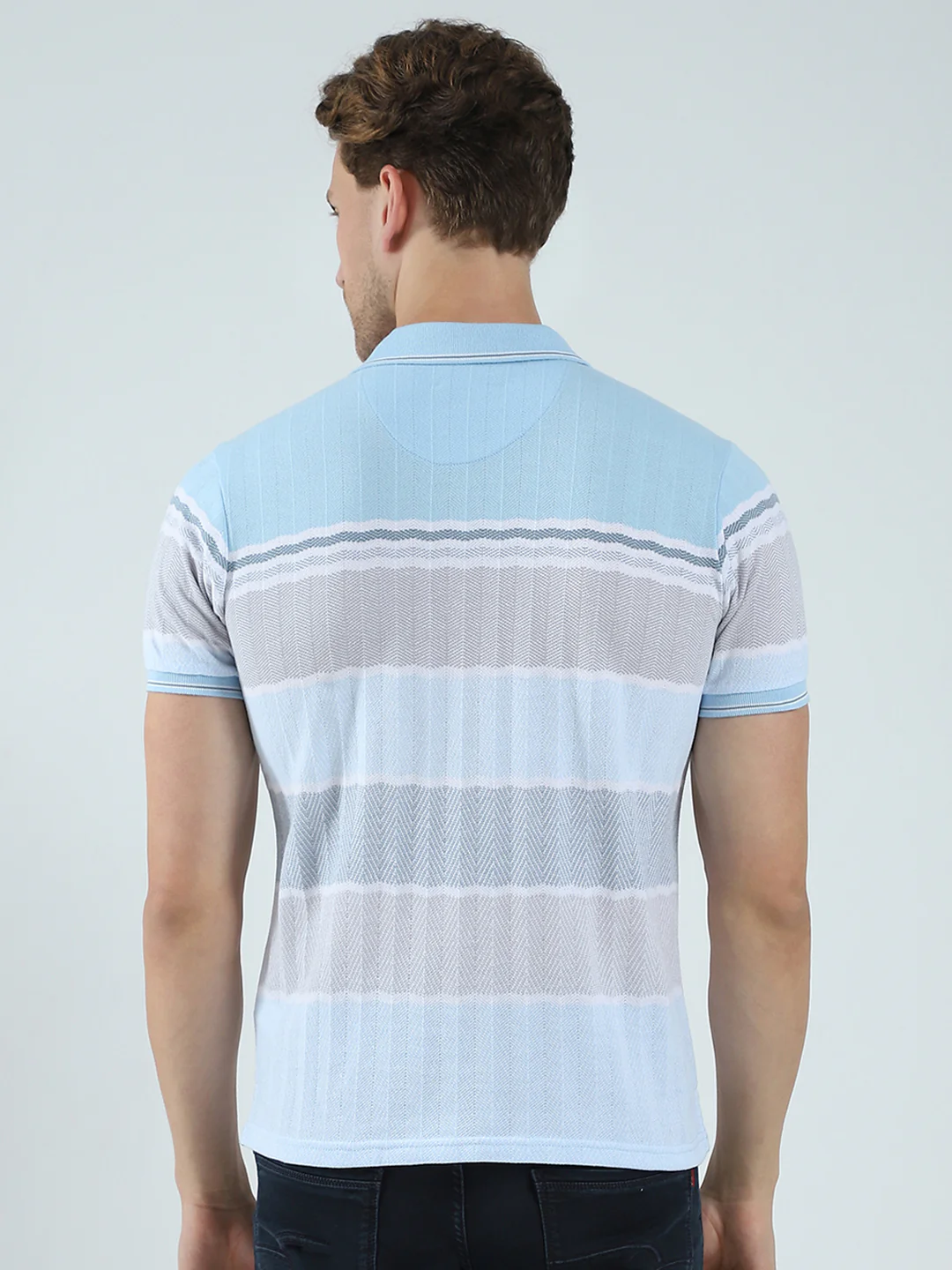 Men Blue Stripe Collar Half Sleeve T-Shirt - Image 5
