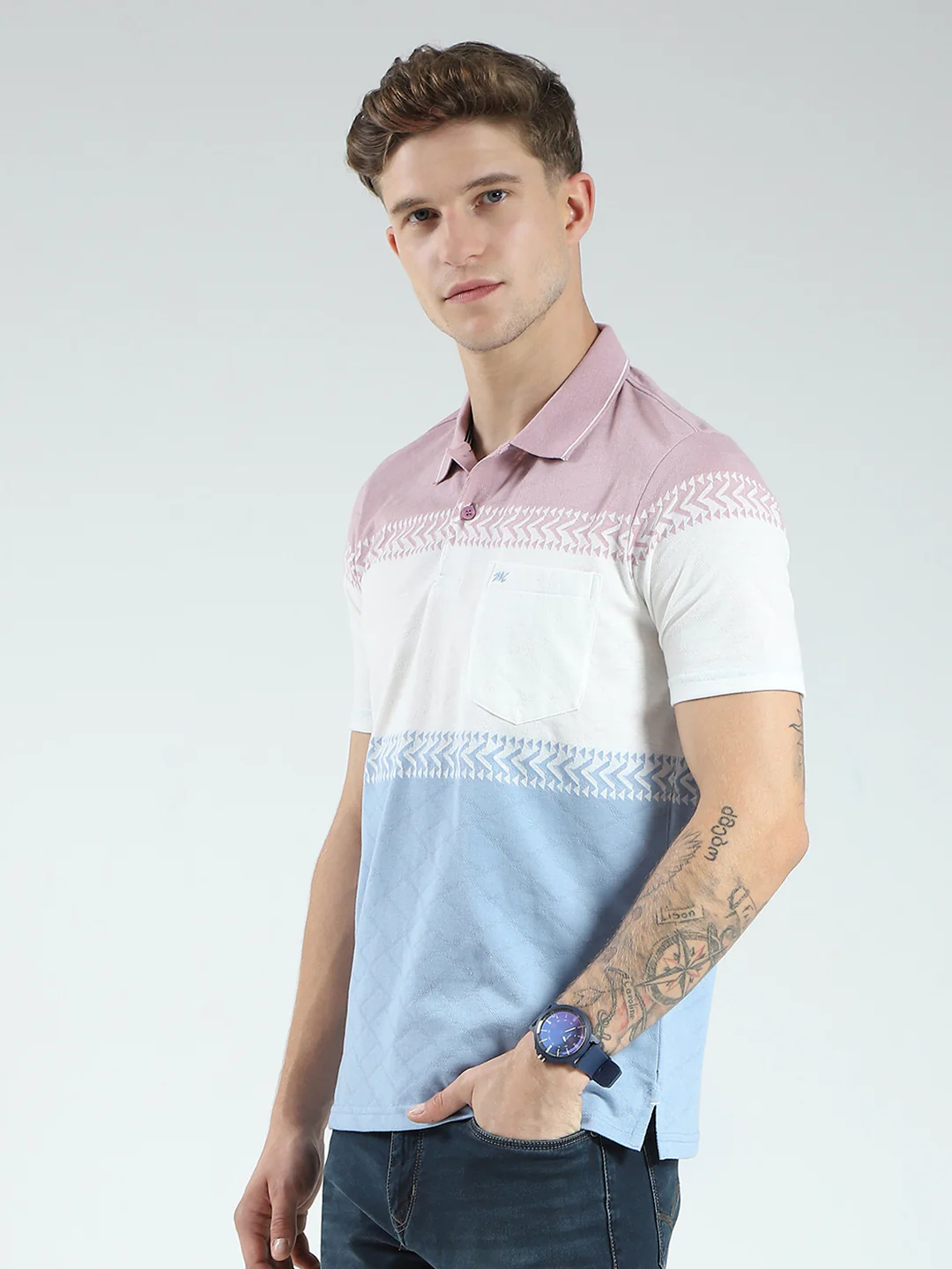 Men Blue Stripe Collar Half Sleeve T-Shirt - Image 3