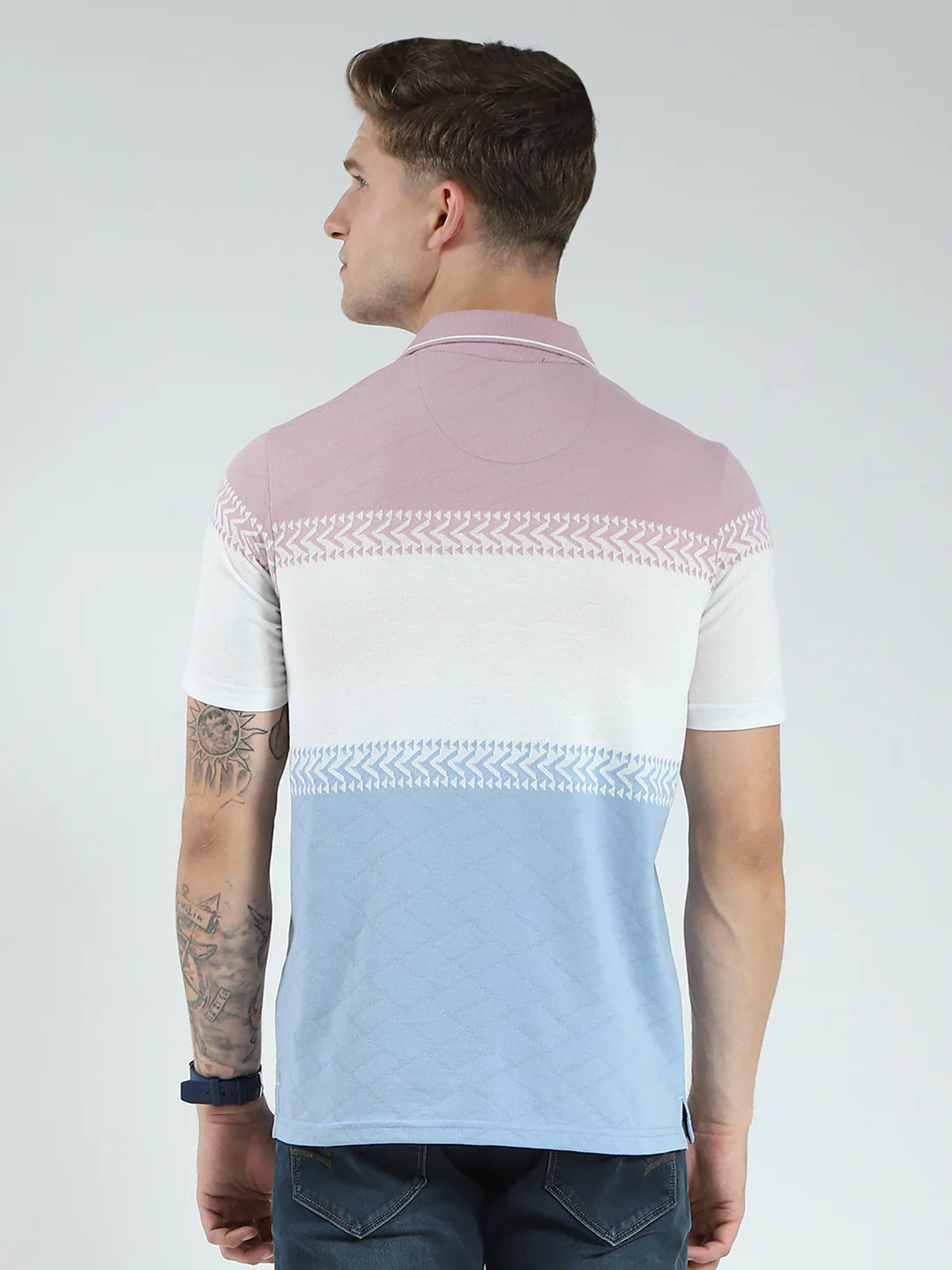 Men Blue Stripe Collar Half Sleeve T-Shirt - Image 5