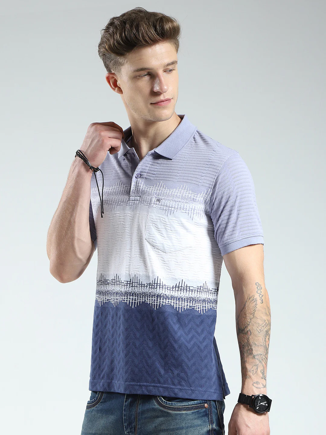 Men Blue Stripe Collar Half Sleeve T-Shirt - Image 3