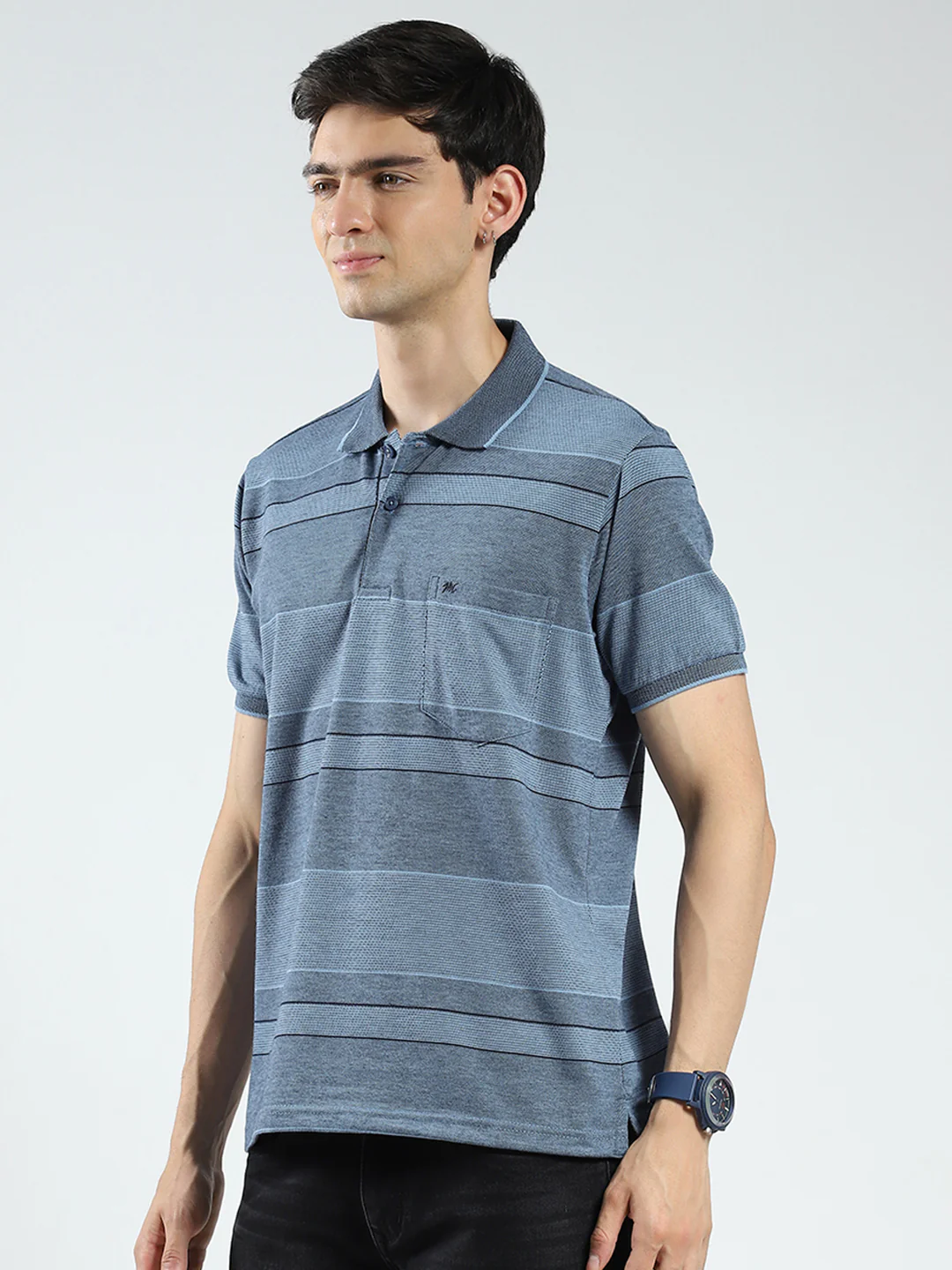 Men Blue Stripe Collar Half Sleeve T-Shirt - Image 3