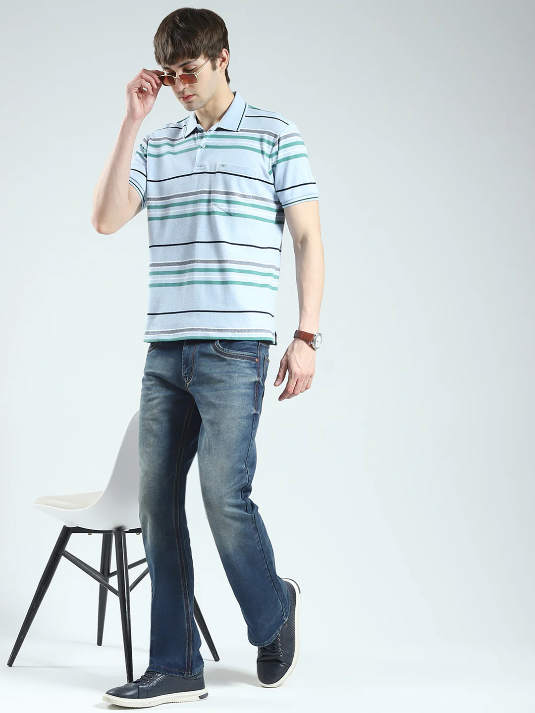 Men Blue Stripe Collar Half Sleeve T-Shirt - Image 2