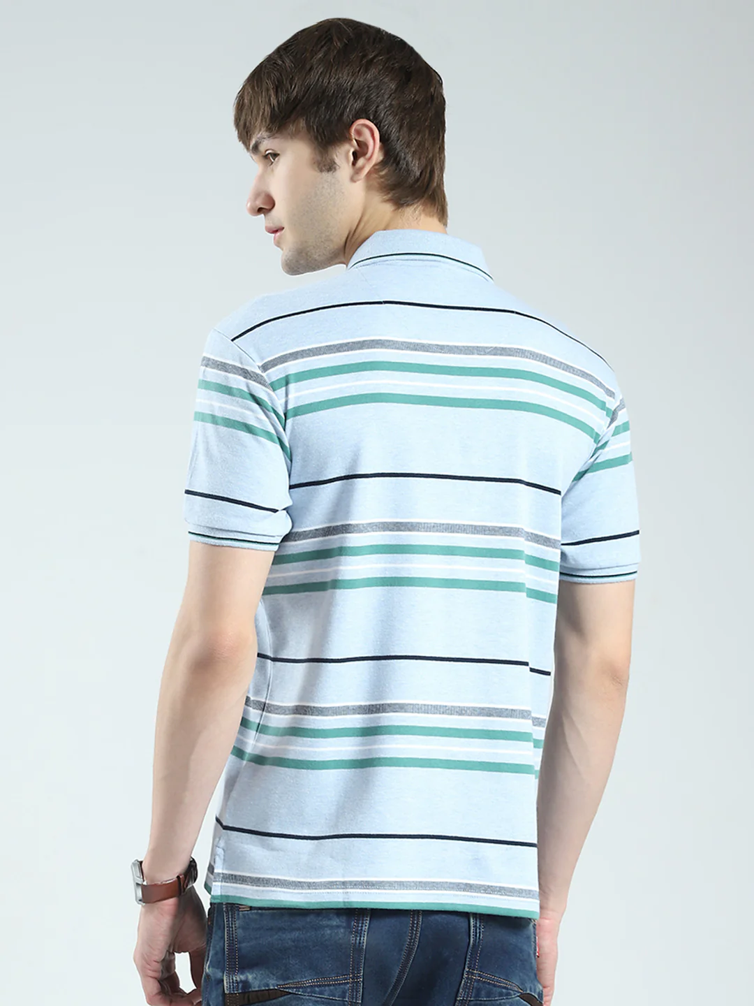 Men Blue Stripe Collar Half Sleeve T-Shirt - Image 5