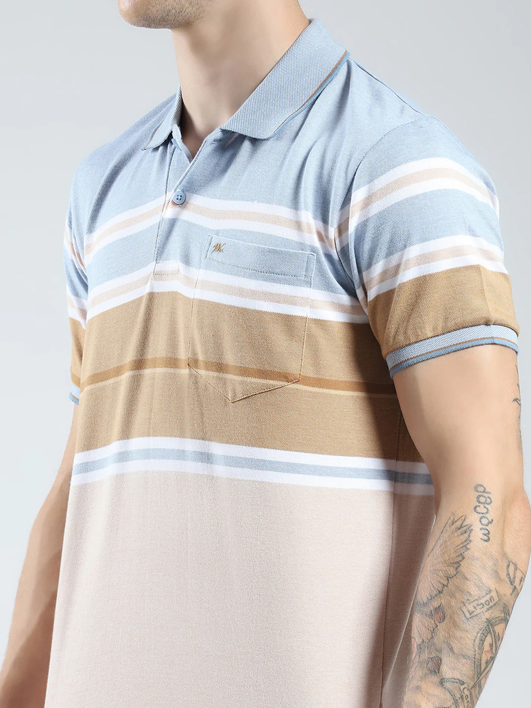 Men Blue Stripe Collar Half Sleeve T-Shirt - Image 6